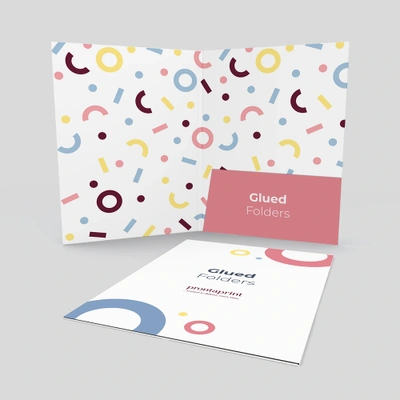 An example of a finished glued folder showing what the front and inside would look like. 