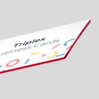 An example of a finished triplex business card showing the colour band on the business card.