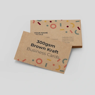 An example of a finished 300gsm brown kraft business card showing front and back side.