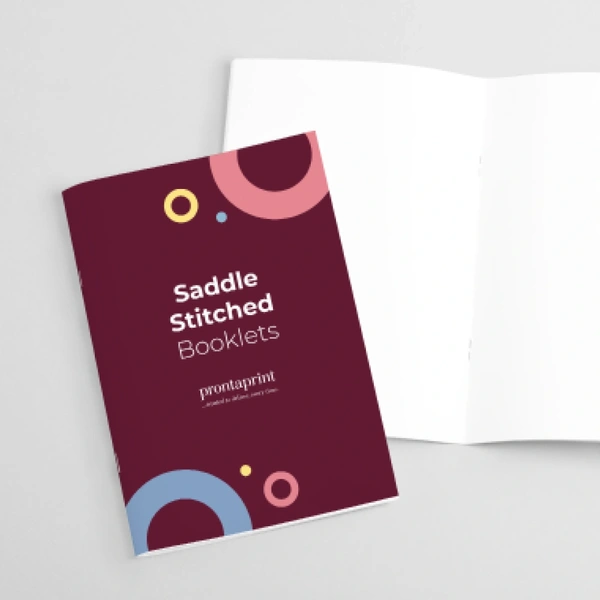 An example of a saddle stitched booklet showing what the inside and front cover would look like.
